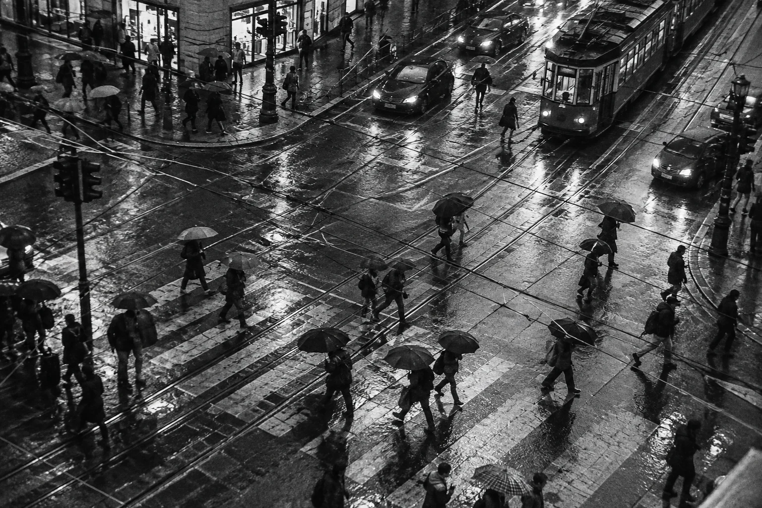 Original black-and-white artwork of pedestrians crossing a rain-soaked city intersection